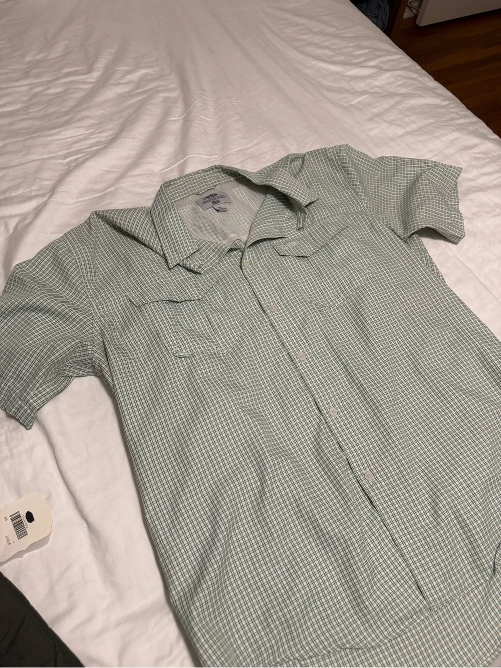 AFTCO Men's Short-Sleeve Light Green Check Button-Down Shirt